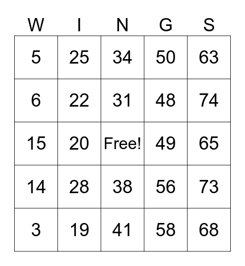 WINGS "BINGO" Bingo Card