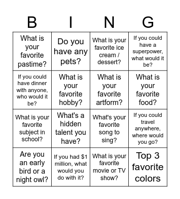 Getting To Know You! Bingo Card