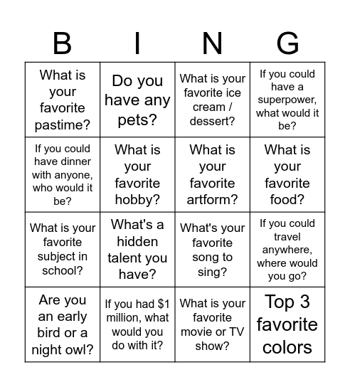 Getting To Know You! Bingo Card
