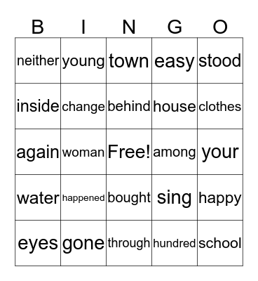 Word Bingo B Bingo Card