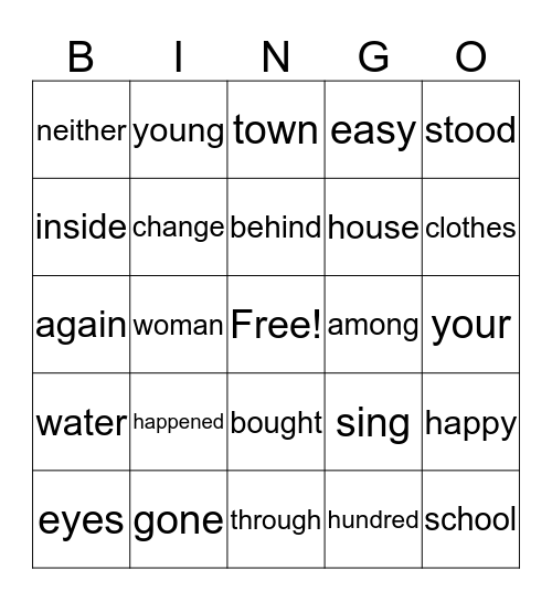 Word Bingo B Bingo Card