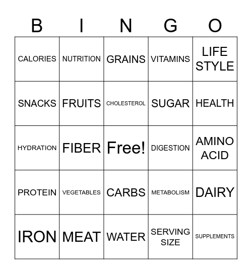 NUTRITION Bingo Card