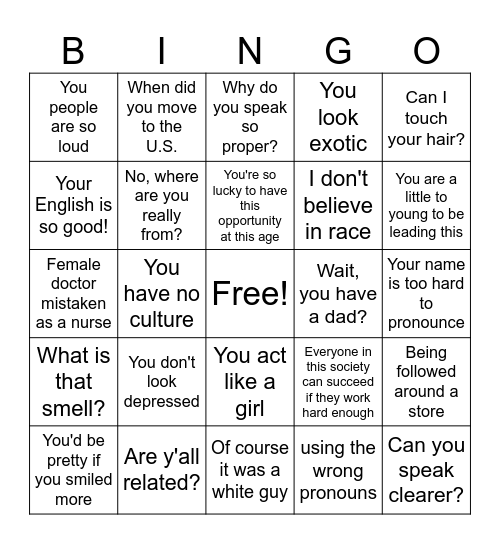 Microaggression Bingo Card