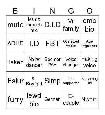 The Terrible Players Of Vrchat Bingo Card