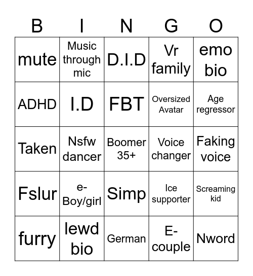 The Terrible Players Of Vrchat Bingo Card