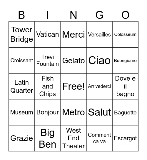 EF Tour: London, Paris, Rome 2026 Bingo Card