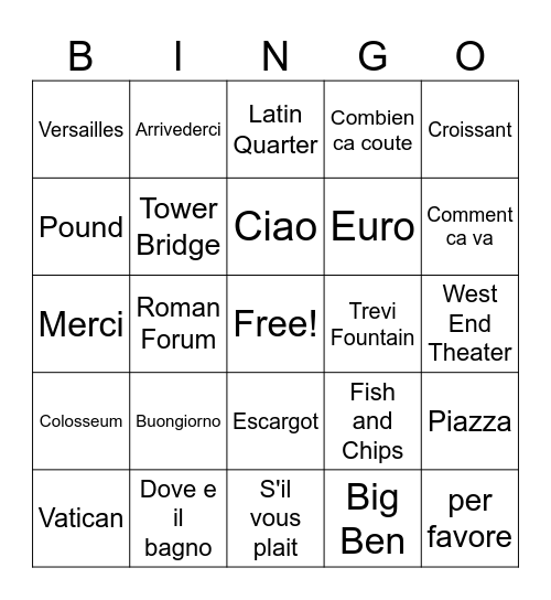 EF Tour: London, Paris, Rome 2026 Bingo Card