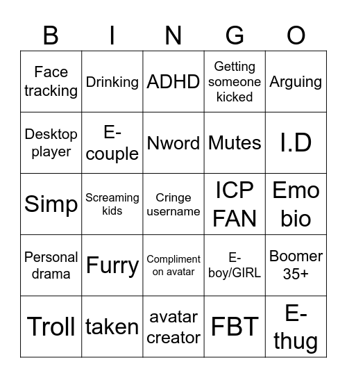 Terrible players of vrchat Bingo Card