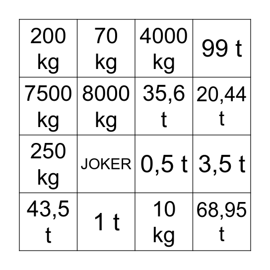 Gewichte-Bingo Card