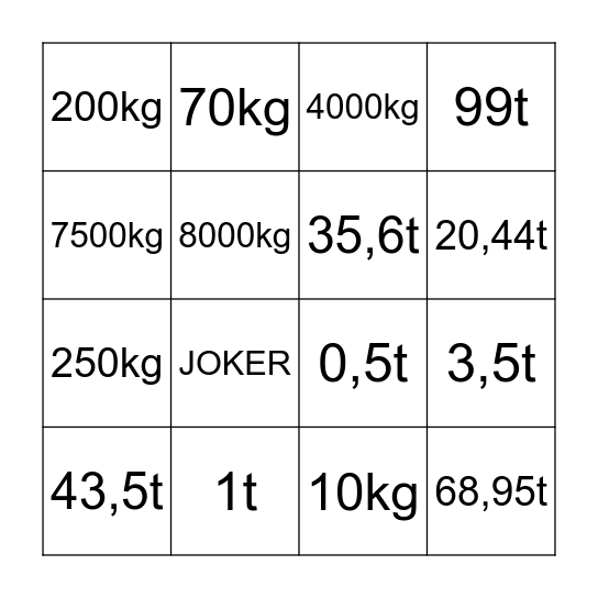 Gewichte-Bingo Card