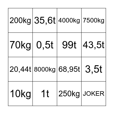 Gewichte-Bingo Card