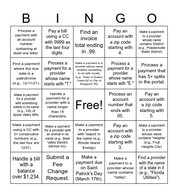 Payments Bingo Card