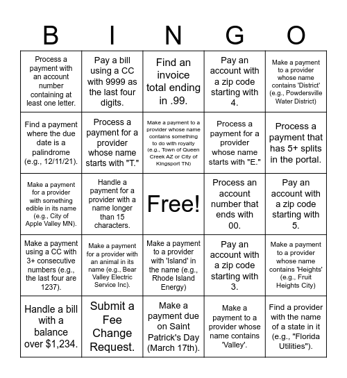 Payments Bingo Card