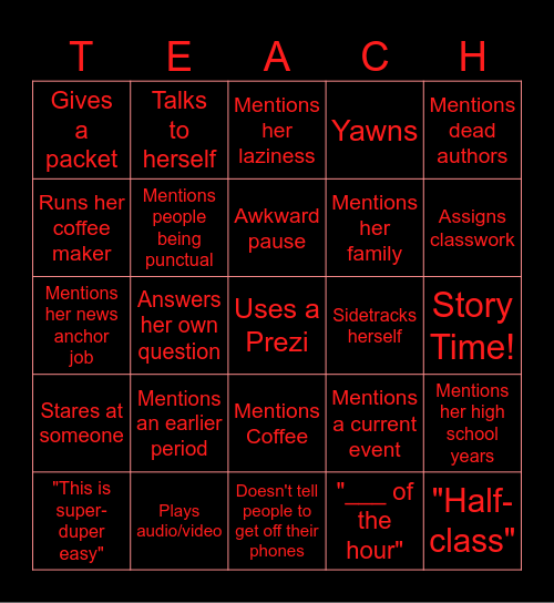 English Teacher Bingo Card