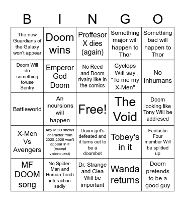 Avengers Doomsday Prediction Bingo Card