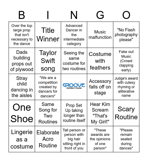 Groove Competition BINGO! Bingo Card