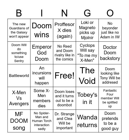 Avengers Doomsday Prediction Bingo Card