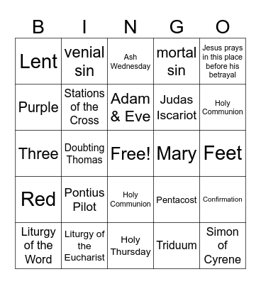 5th Grade: Lent, Triduum, Pentacost Bingo Card