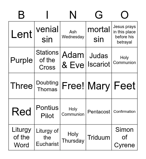 5th Grade: Lent, Triduum, Pentacost Bingo Card