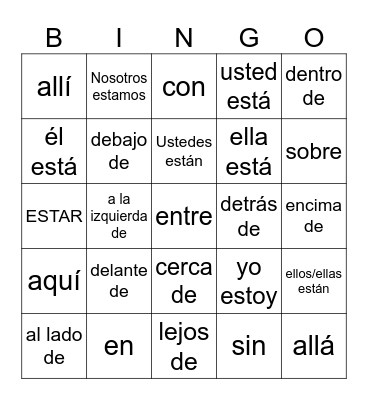 ESTAR Y LAS PREPOSICIONES Bingo Card