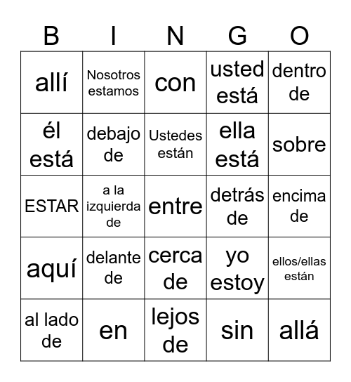 ESTAR Y LAS PREPOSICIONES Bingo Card