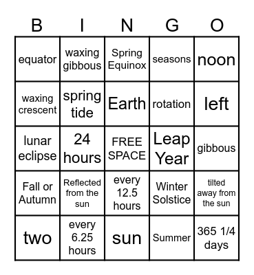 Sun, Earth, and Moon Bingo Card