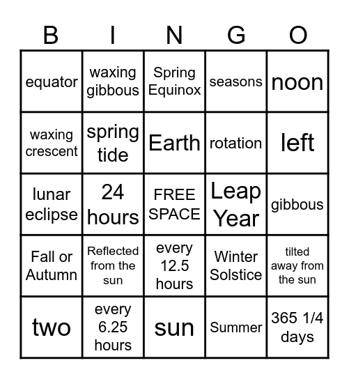 Sun, Earth, and Moon Bingo Card