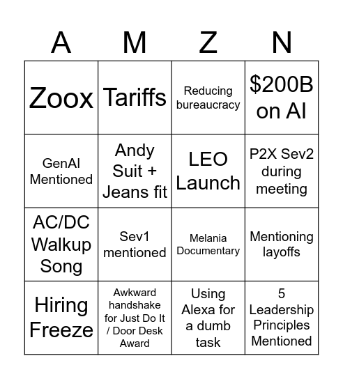 Amazon All-Hands Bingo Card