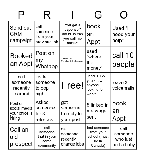 Prospecting Bingo Card