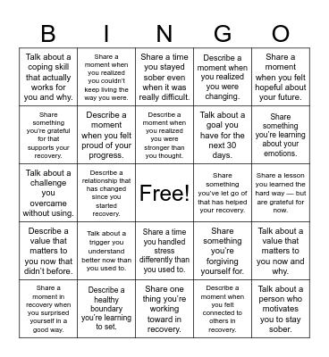 Recovery Bingo Card