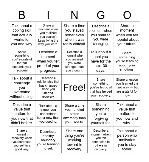 Recovery Bingo Card