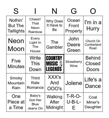 Country Music Legends Singo (50 songs) Bingo Card