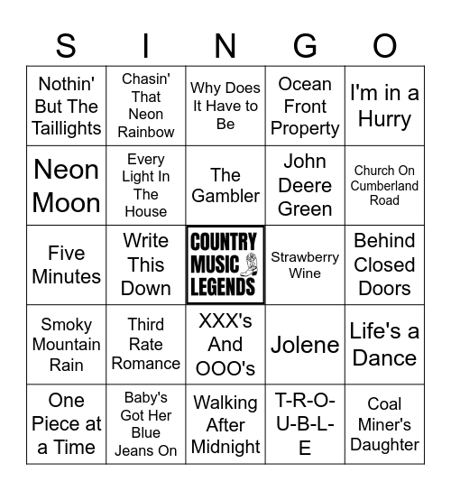 Country Music Legends Singo (50 songs) Bingo Card