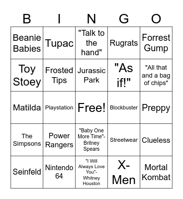 1990's Pop Culture Bingo Card