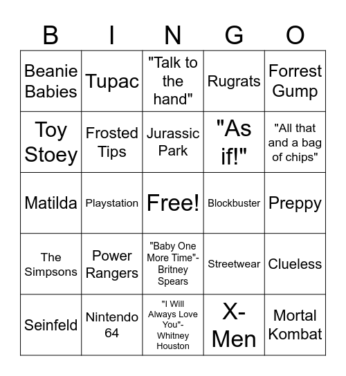 1990's Pop Culture Bingo Card