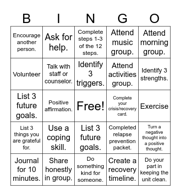 Dual Diagnosis Rehab Bingo Card