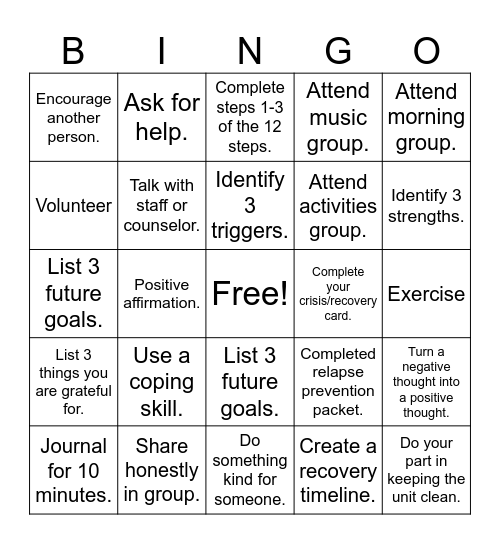 Dual Diagnosis Rehab Bingo Card