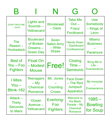 Round 3: Emo Throwbacks Bingo Card