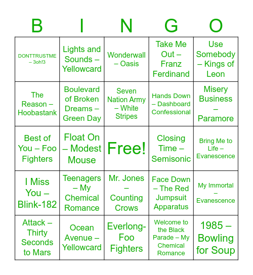 Round 3: Emo Throwbacks Bingo Card