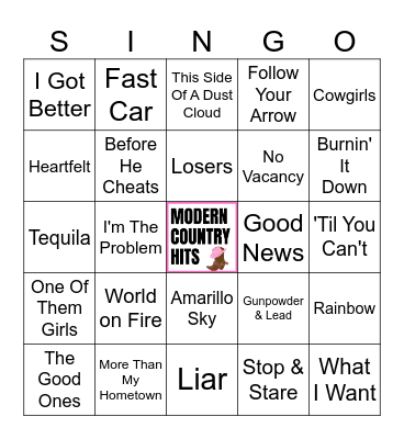Modern Country Hits Singo (50 songs) Bingo Card
