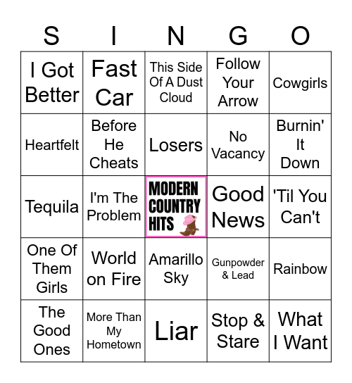 Modern Country Hits Singo (50 songs) Bingo Card