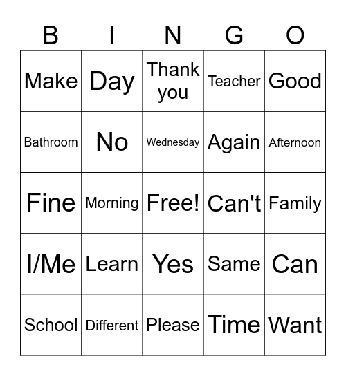 American Sign Language Bingo Card