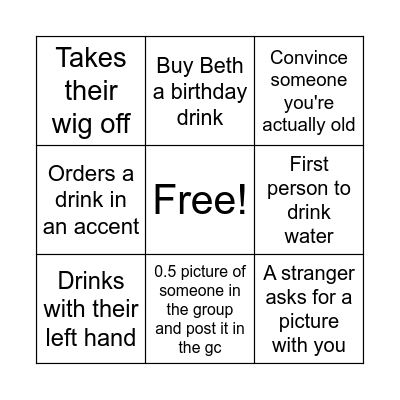 Grandma's Bar Crawl Bingo Card