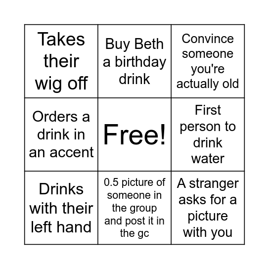 Grandma's Bar Crawl Bingo Card