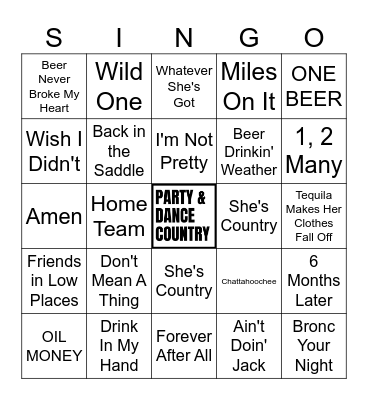 Party & Dance Country Singo (50 songs) Bingo Card