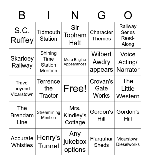 Wonders of Sodor Bingo Card