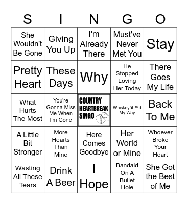 Country Heartbreak Singo (50 songs) Bingo Card