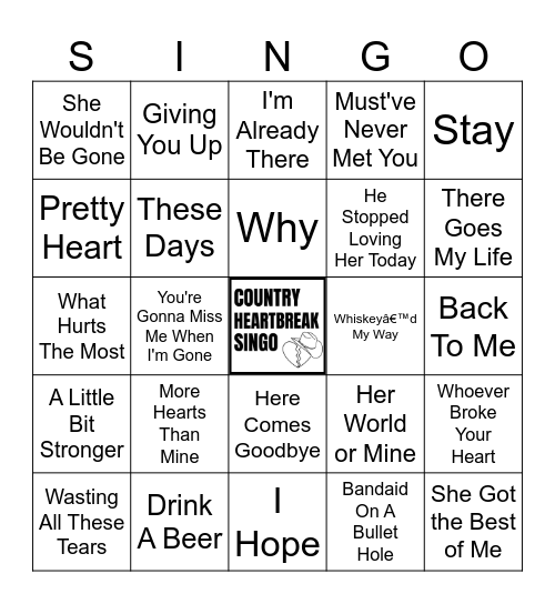 Country Heartbreak Singo (50 songs) Bingo Card