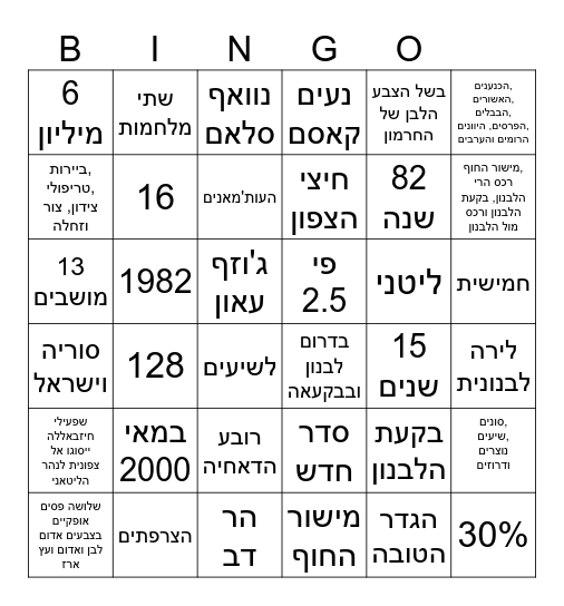 לבנון Bingo Card