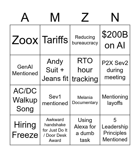 Amazon All-Hands Bingo Card